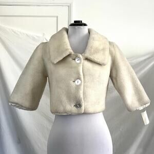 Vtg 60s Ivory Faux Fur Cropped Jacket Bolero XS S Petite Bridal Winter Glam